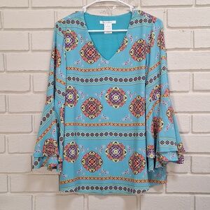 K Jordan Turquoise Blue Medallion V-Neck Bell Sleeve Top. Size Medium